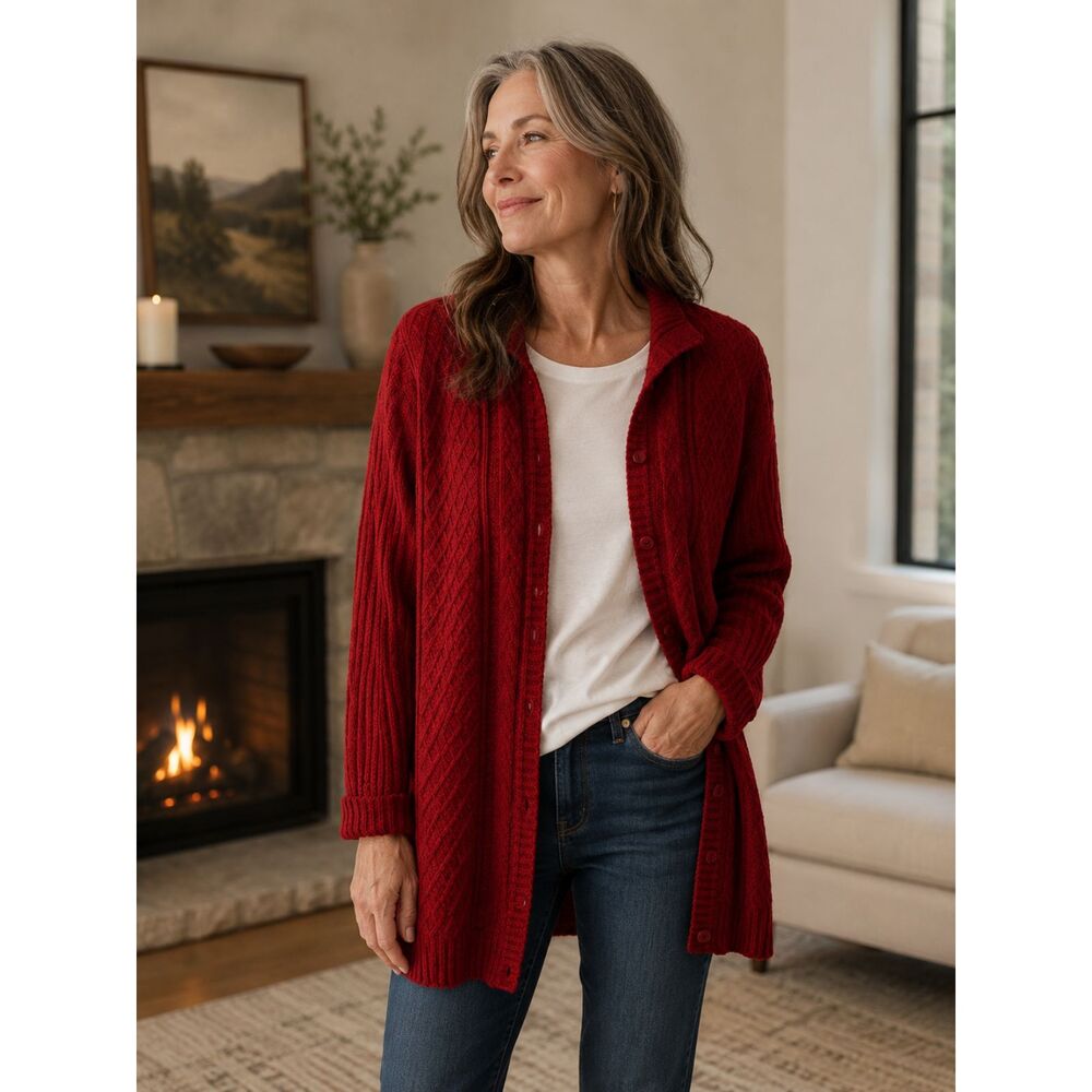 Karen Scott Petites Cardigan Sweater Red Long Women’s Size PM Cable Knit Cottage